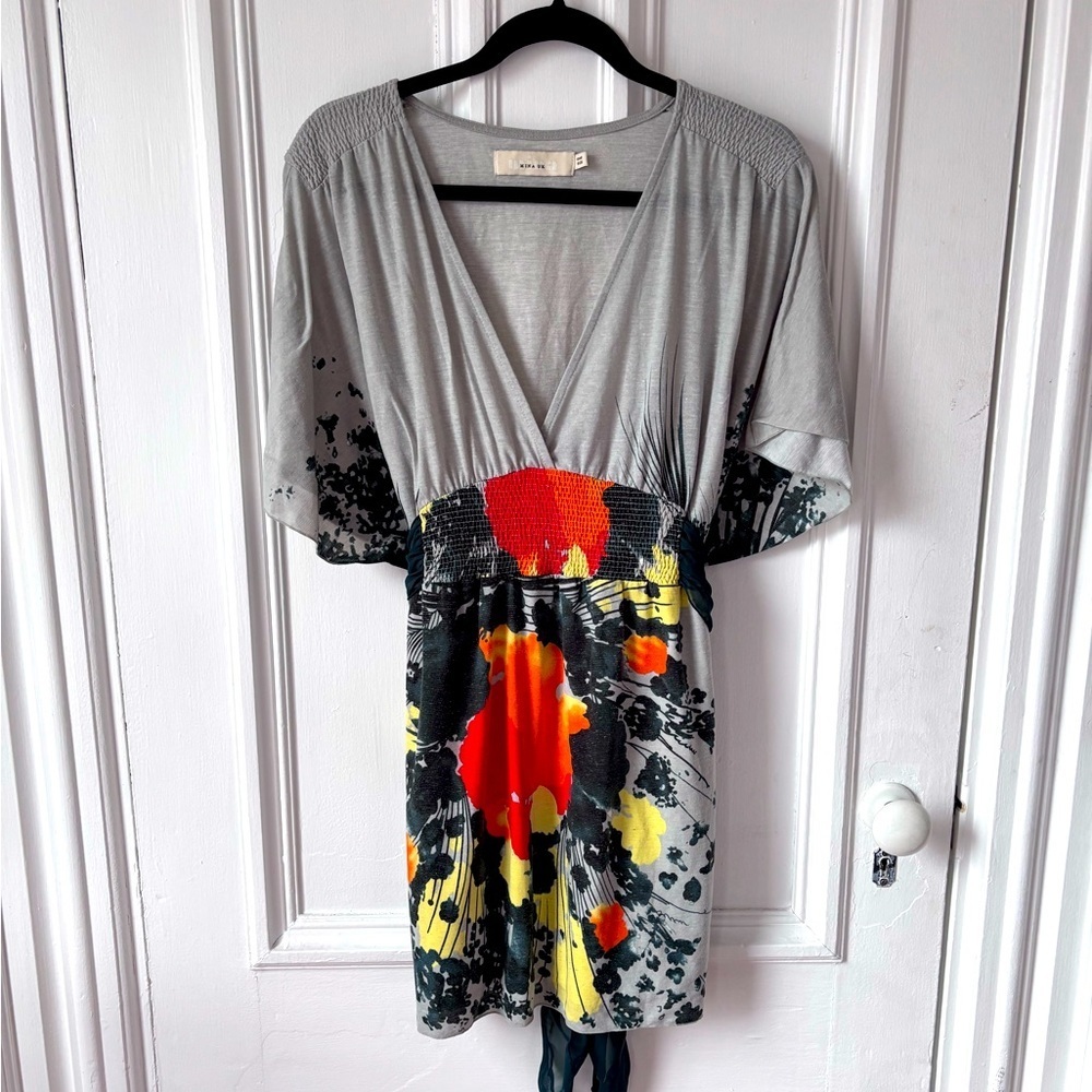 Women’s Mina UK One Size Batwing Sleeve Tie Waist Tunic Top Grey Red